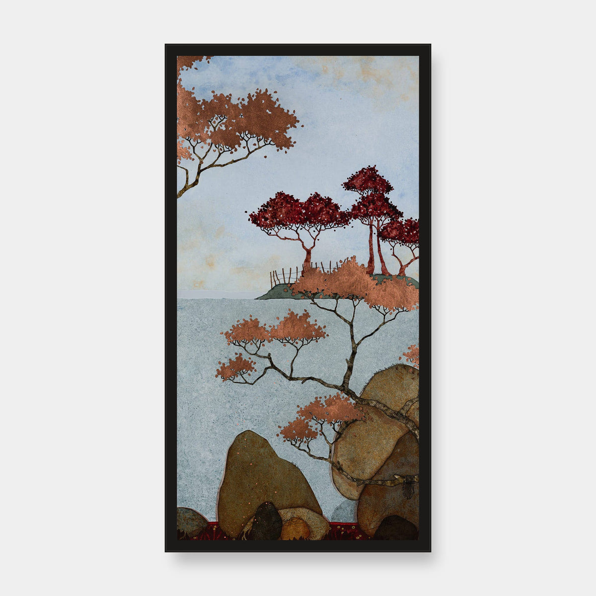 Triptyque 1B: « S'asseoir ici…Et là aussi …Puis écouter les oiseaux enchanter la nouvelle journée » — édition d’art 30 × 60 cm avec cadre noir — vue de face