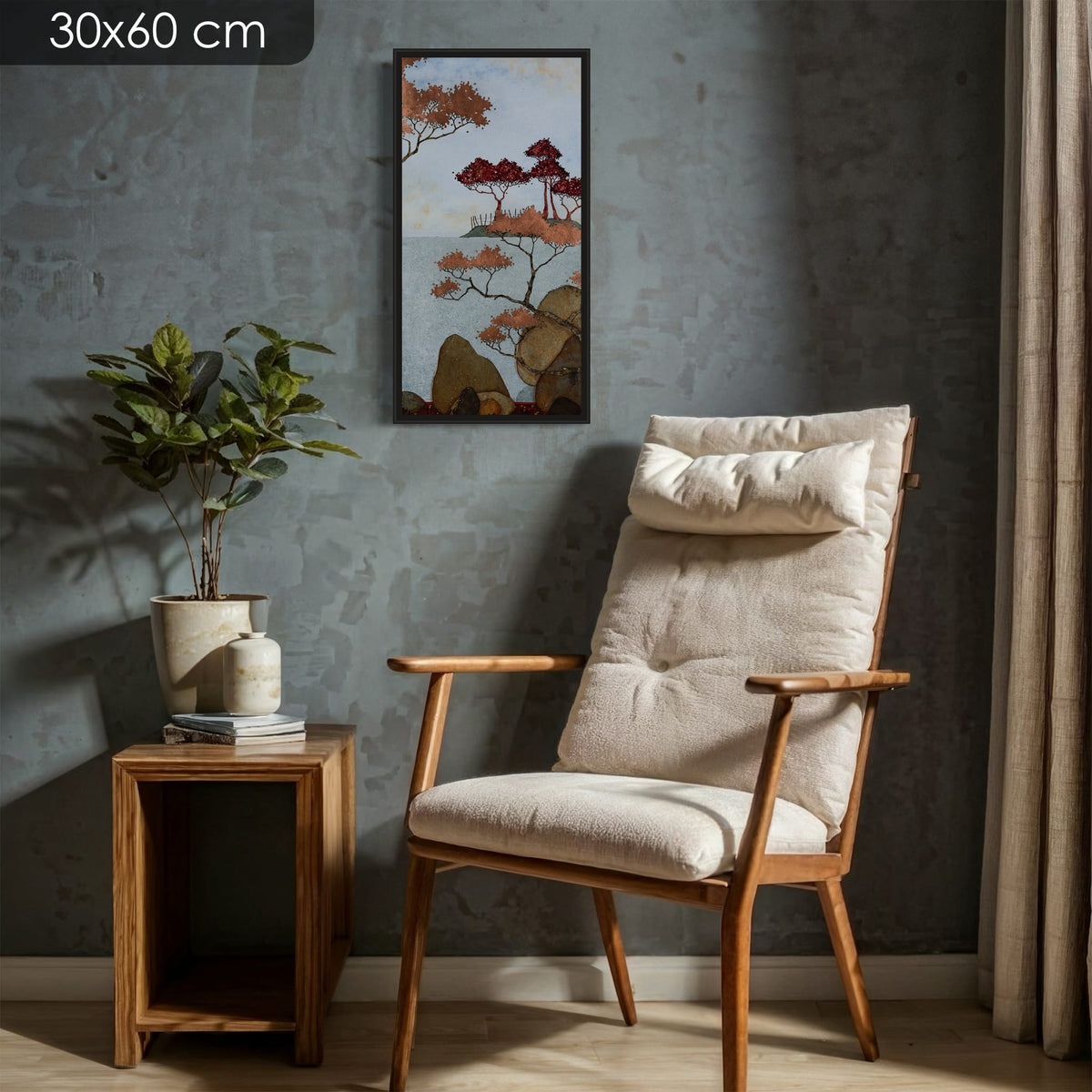 Triptyque 1B: « S'asseoir ici…Et là aussi …Puis écouter les oiseaux enchanter la nouvelle journée » — édition d’art 30 × 60 cm avec cadre noir — mise en situation