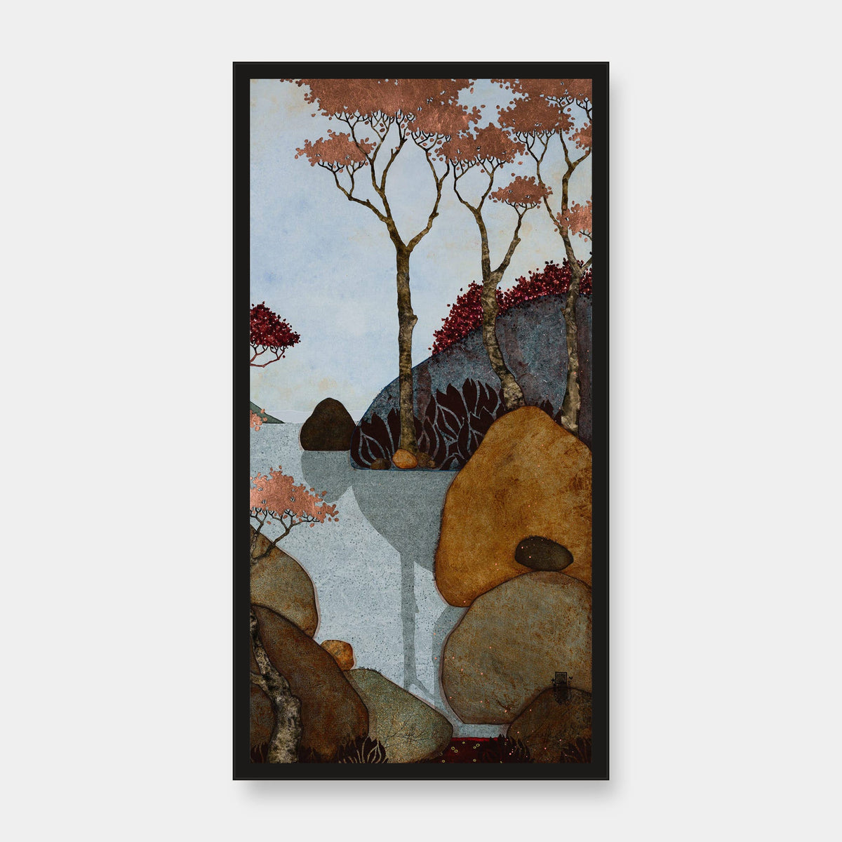 Triptyque 1C: « Juste se poser là…Ou encore ici …Puis s'habiller de l'air frais et doux du matin. » — édition d’art 30 × 60 cm avec cadre noir — vue de face
