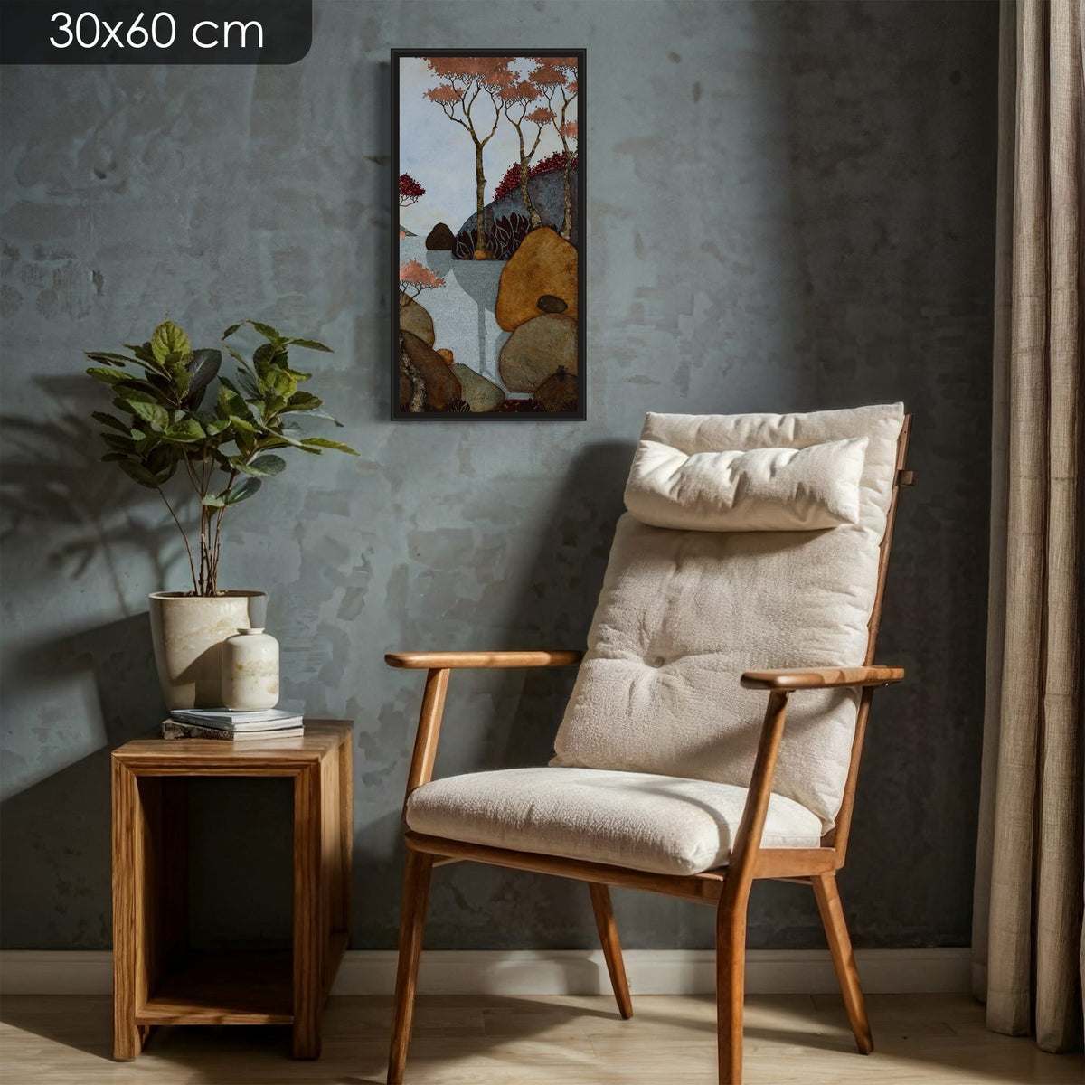 Triptyque 1C: « Juste se poser là…Ou encore ici …Puis s'habiller de l'air frais et doux du matin. » — édition d’art 30 × 60 cm avec cadre noir — mise en situation