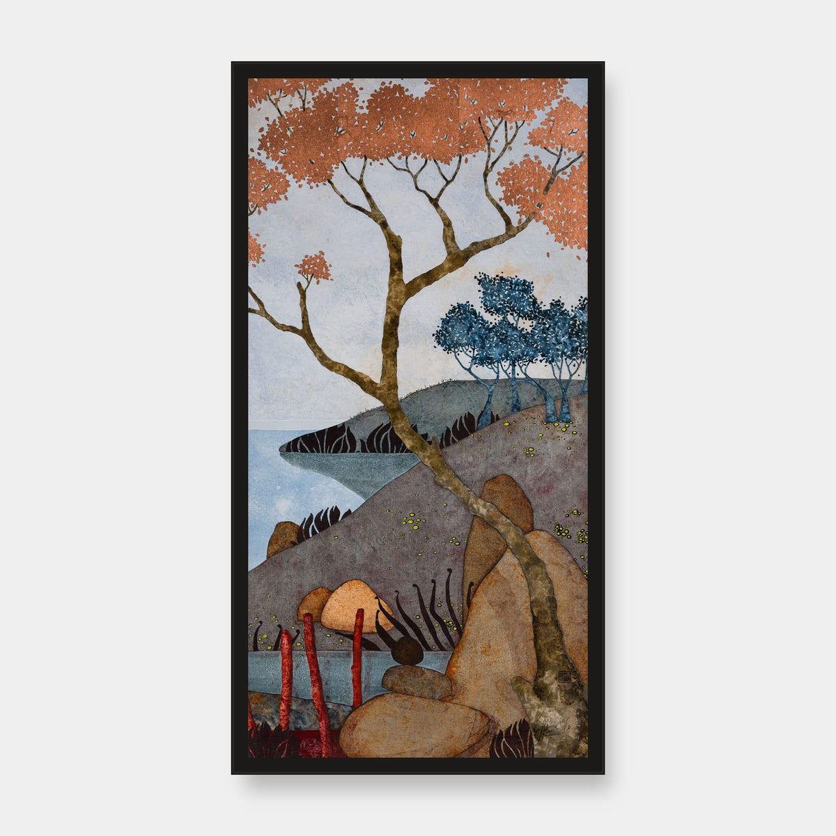 Triptyque 3C: « À écouter les oiseaux et contempler le grand théâtre… » — édition d’art 30 × 60 cm avec cadre noir — vue de face