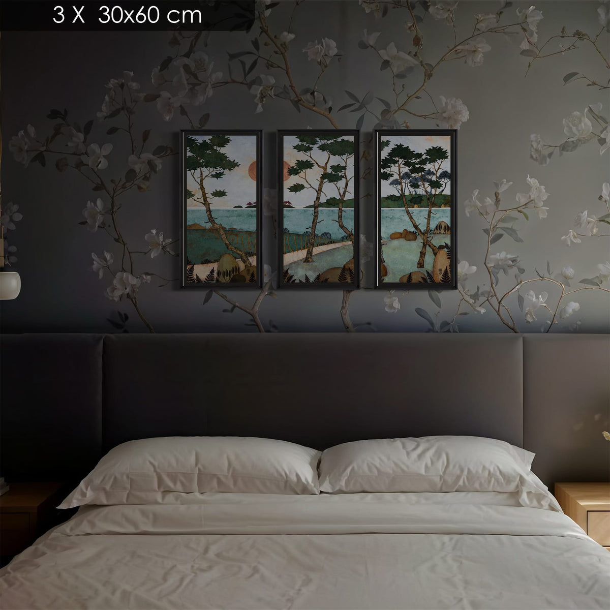 Triptyque 4 — ensemble de trois éditions d’art 30 × 60 cm — simulation dans une chambre, trois tirages encadrés