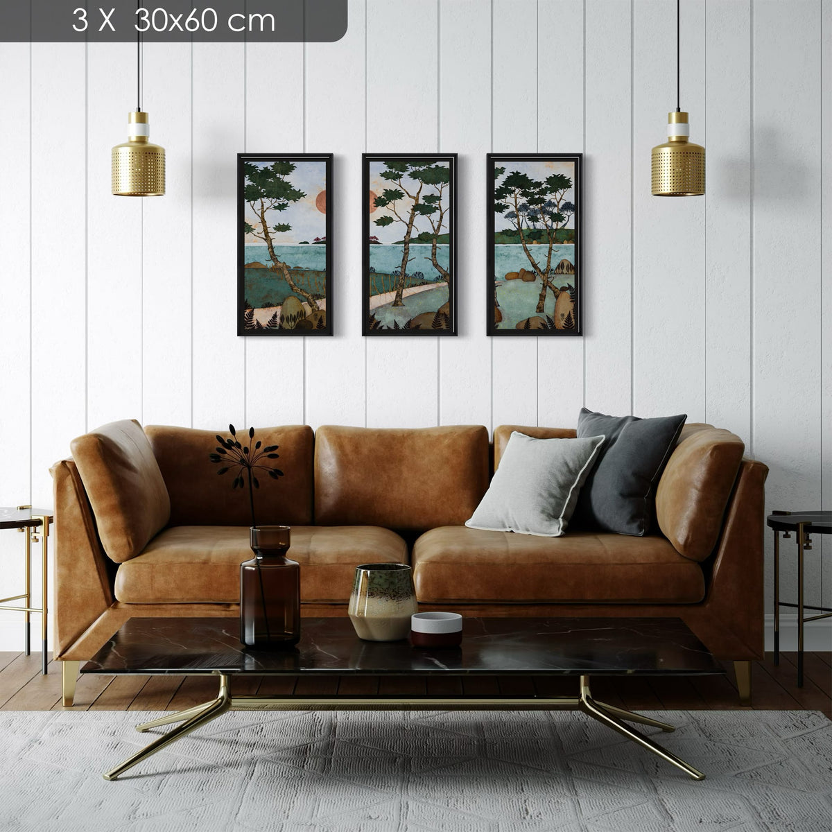 Triptyque 4 — ensemble de trois éditions d’art 30 × 60 cm — simulation dans un salon, trois tirages encadrés
