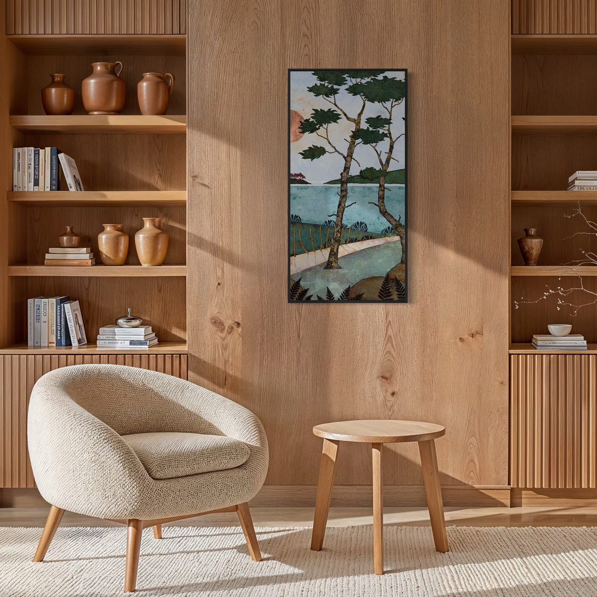 Triptyque 4B : Une flopée d'hirondelles gargouille dans le ciel... Et assise ici, je rêve tranquille. — simulation 50 × 100 cm par panneau — bibliotheque — caisse américaine noire — Lalou Kraffe