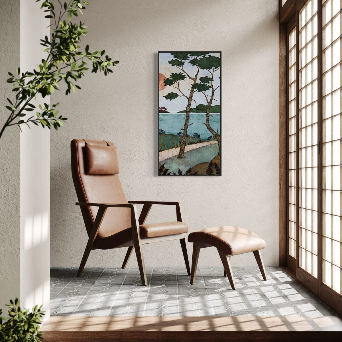 Triptyque 4B : Une flopée d'hirondelles gargouille dans le ciel... Et assise ici, je rêve tranquille. — simulation 50 × 100 cm par panneau — fauteuil — caisse américaine noire — Lalou Kraffe