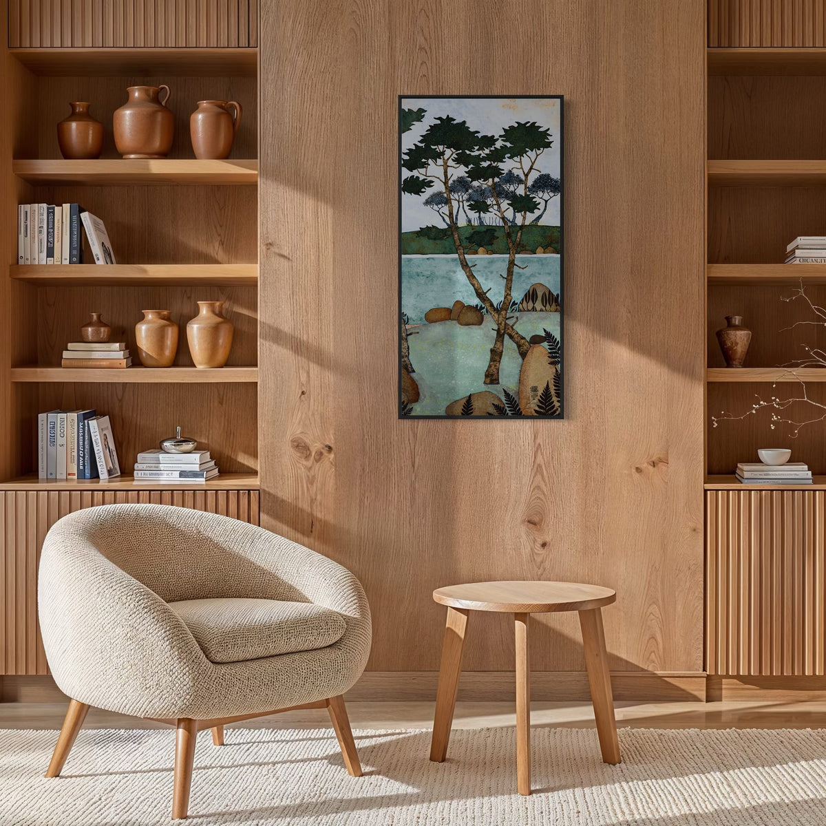 Triptyque 4C : Trois mouettes qui râlent pendant que je siffle au soleil — simulation 50 × 100 cm par panneau — bibliotheque — caisse américaine noire — Lalou Kraffe