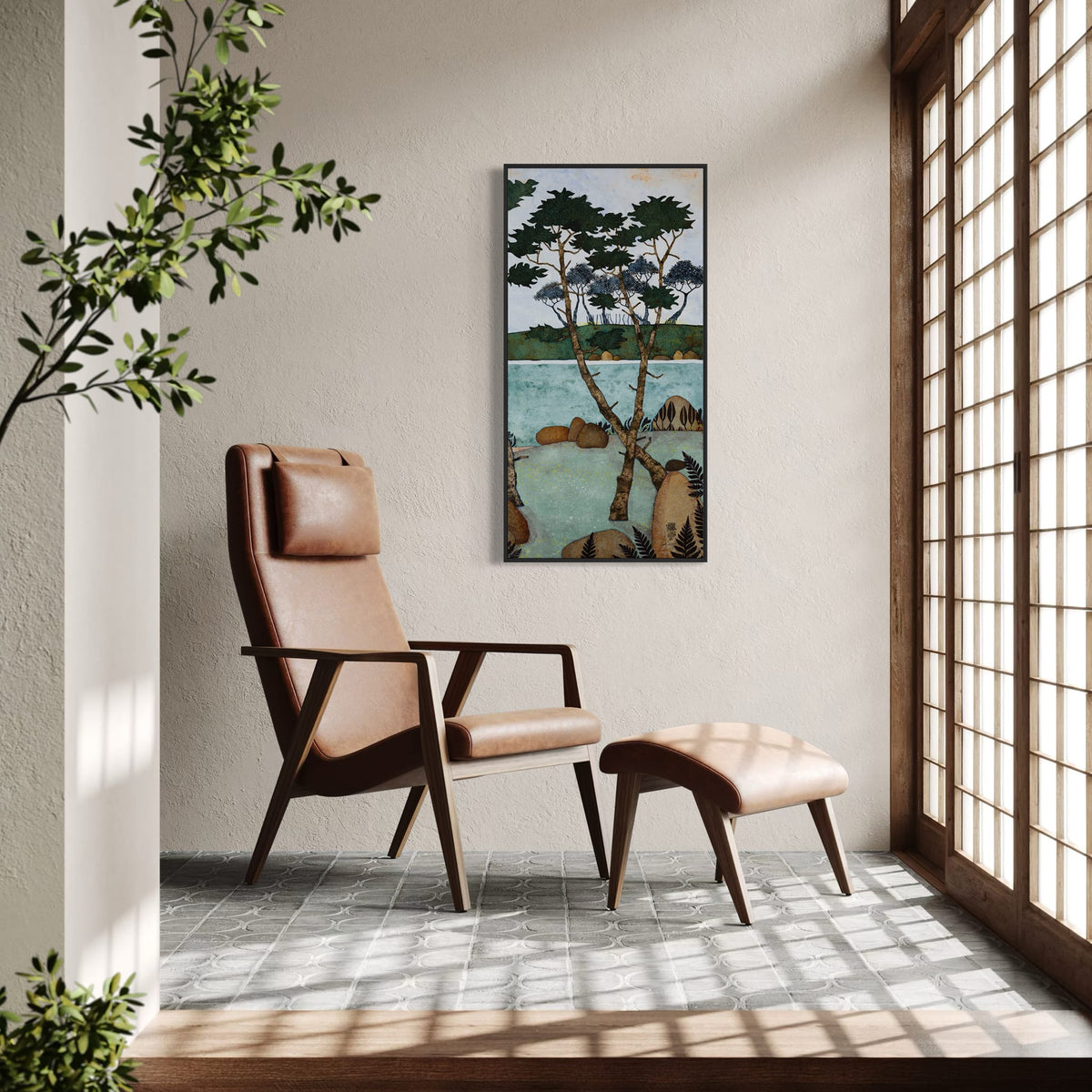 Triptyque 4C : Trois mouettes qui râlent pendant que je siffle au soleil — simulation 50 × 100 cm par panneau — fauteuil — caisse américaine noire — Lalou Kraffe