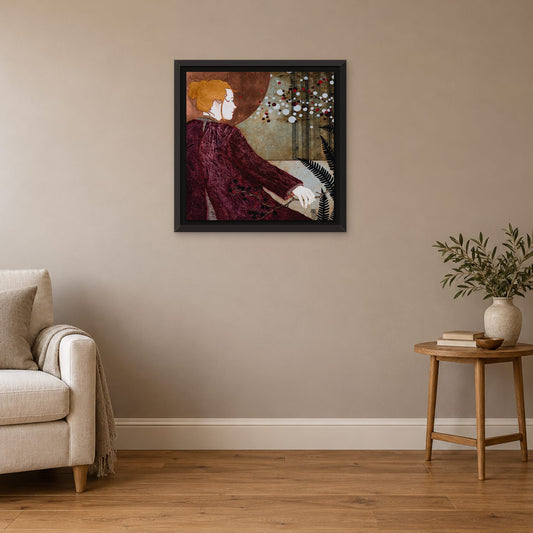Tableau original : « Un grand bain de forêt, voilà ce qu’il me fallait. Ainsi rassérénée, je pouvais rejoindre un peu le monde » — œuvre originale encadrée en situation, Lalou Kraffe