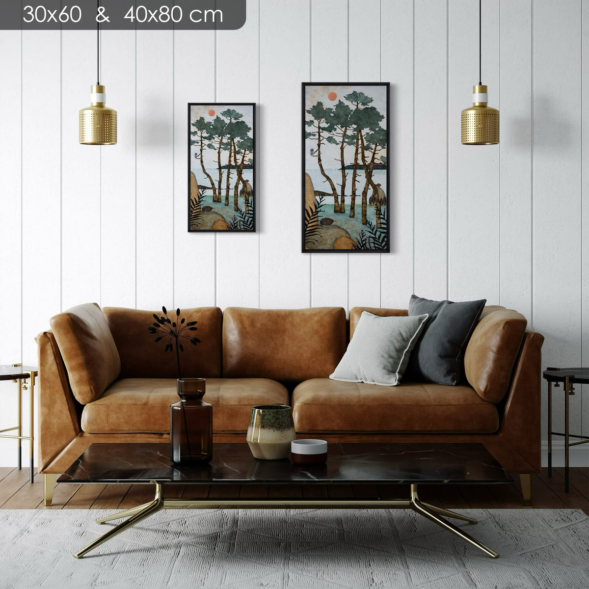 Allongée sur un lit de fougères odorantes... je file en rêverie... — comparaison du même visuel en 30 × 60 et 40 × 80 cm (deux formats vendus séparément) — caisse américaine Madison noire — salon-clair — Lalou Kraffe