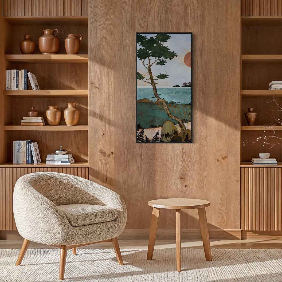 triptyque 4A : Une colonie de martinets emplit l'air de cris stridents. Et moi... Je baguenaude sur les chemins. — simulation 50 × 100 cm par panneau — bibliotheque — caisse américaine noire — Lalou Kraffe