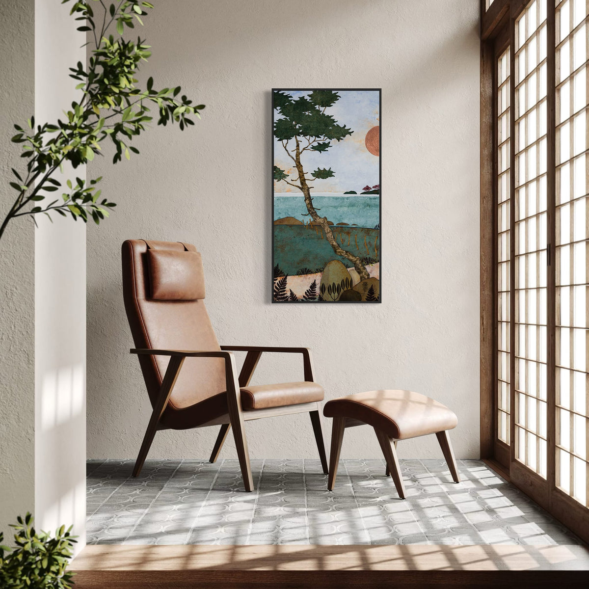 triptyque 4A : Une colonie de martinets emplit l'air de cris stridents. Et moi... Je baguenaude sur les chemins. — simulation 50 × 100 cm par panneau — fauteuil — caisse américaine noire — Lalou Kraffe