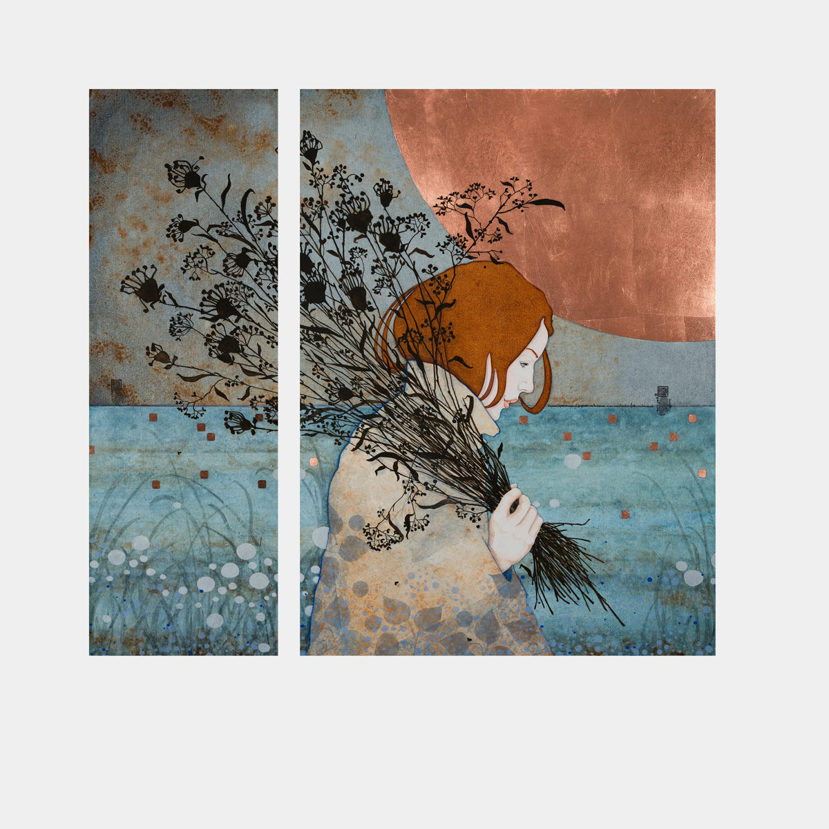 Heureuse, à pas de velours — diptyque original 55 × 75 et 25 × 75 cm en caisses américaines XL noires — original oeuvre seule — Lalou Kraffe